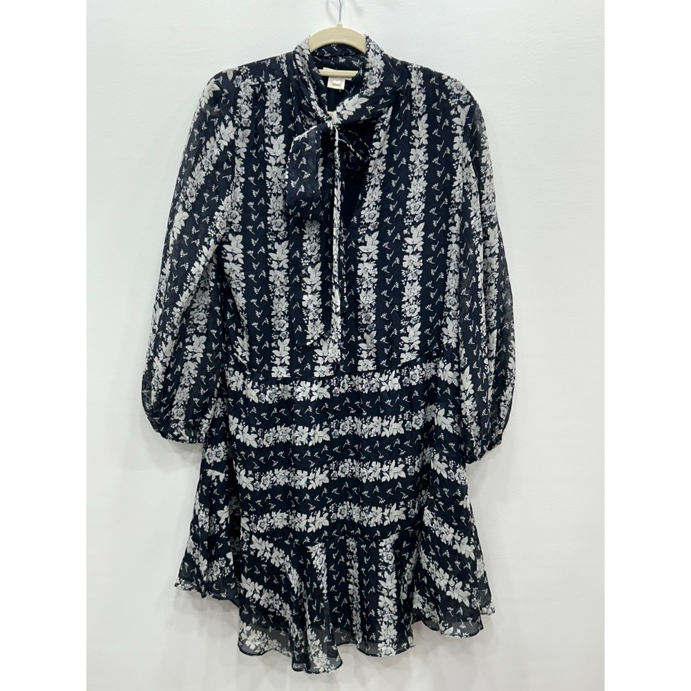 Shoshanna Holley Dress Womens 2 Navy White Floral Silk Tie Neck 3/4 Sleeve Mini - Picture 3 of 12